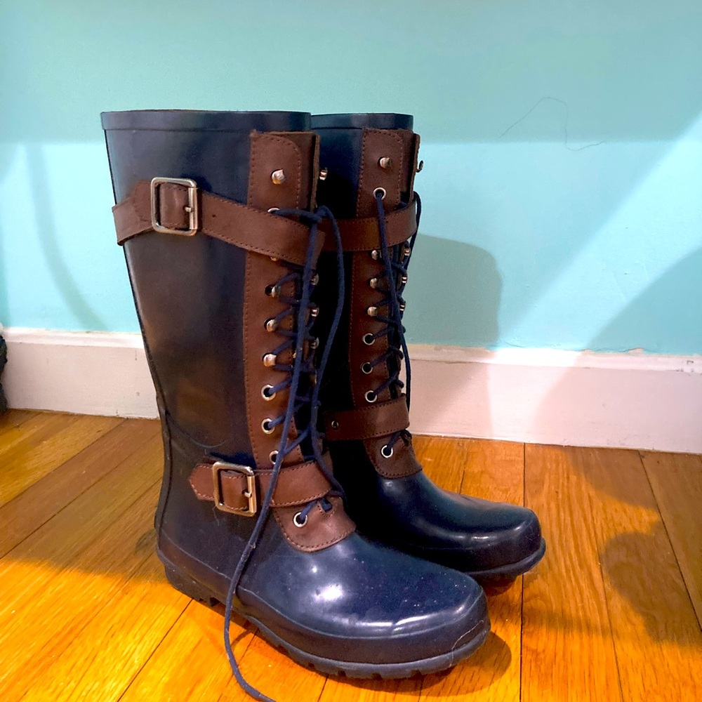 bcbgmaxazria Lace Up Rain Boots - Navy and Brown